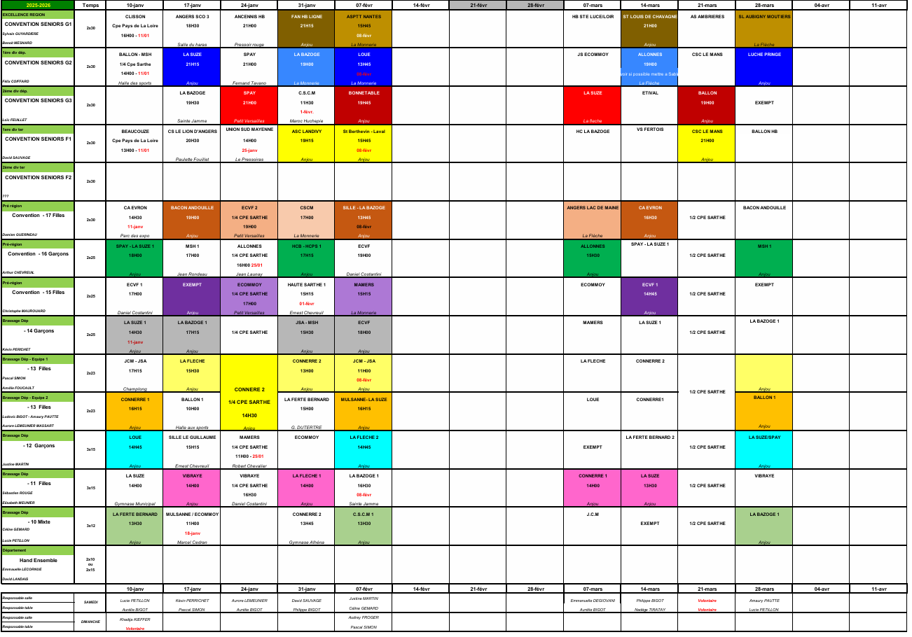 le calendrier saison 25.26 MAJ 5.01.2026